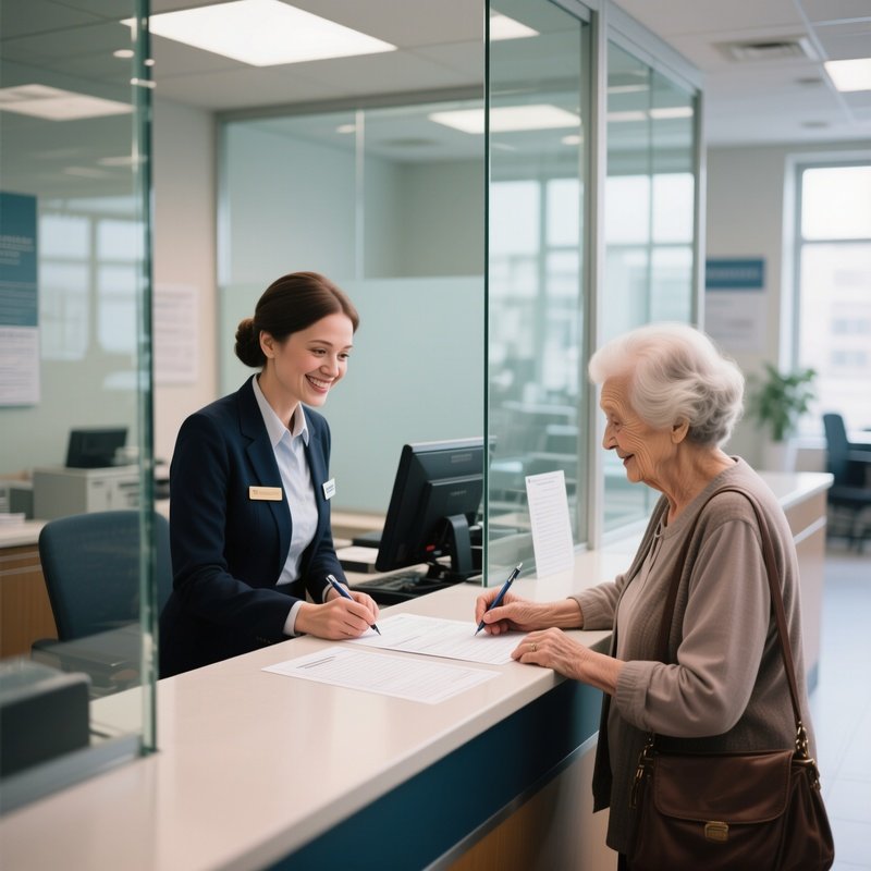 Service Counter: A Wide Angle View Of A Glass Partitioned Service Counter Where A Friendly Administrative Clerk Is Helping An Elderly Lady Fill Out A Complex Form.