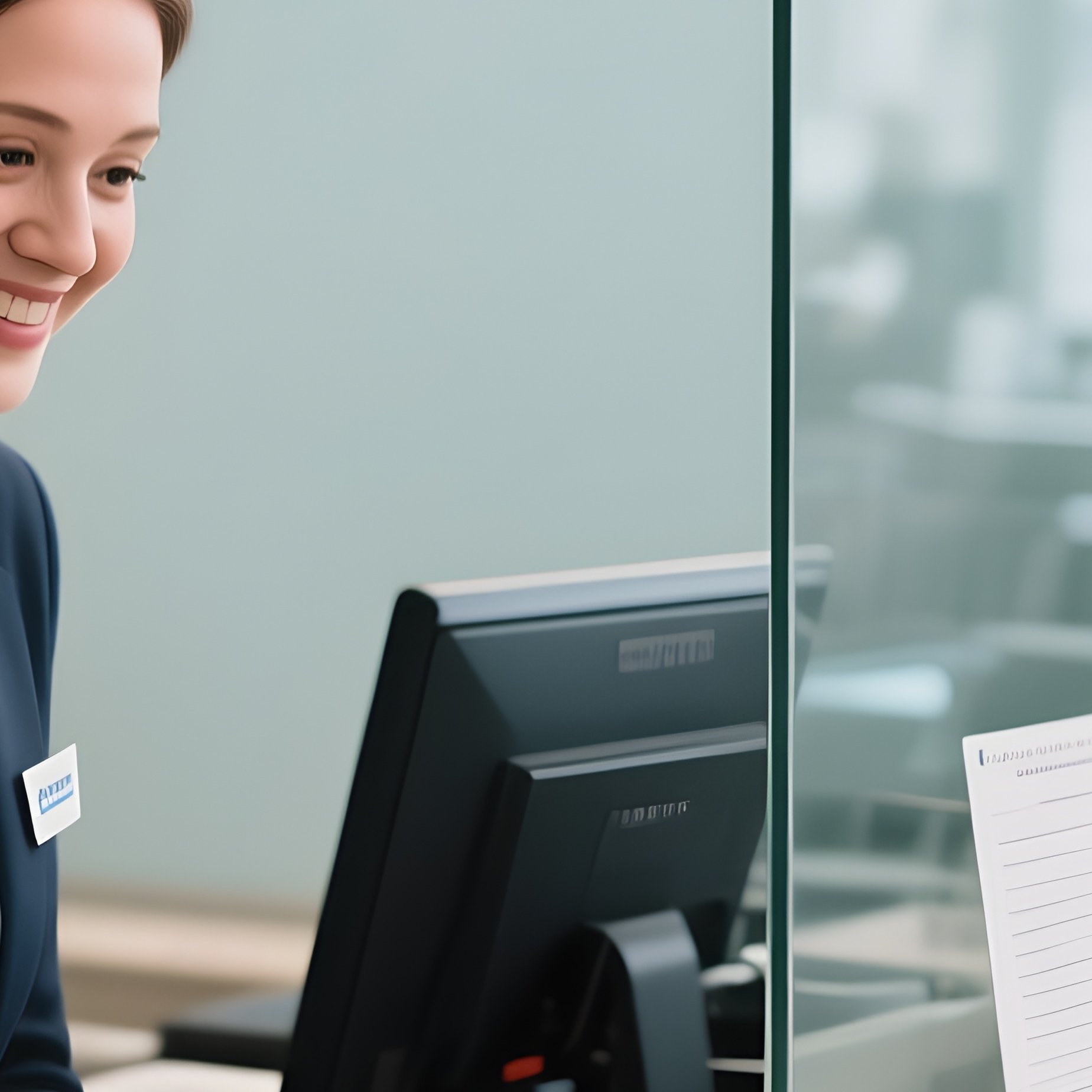 Service Counter: A Wide Angle View Of A Glass Partitioned Service Counter Where A Friendly Administrative Clerk Is Helping An Elderly Lady Fill Out A Complex Form. - Full Resolution Quality Preview