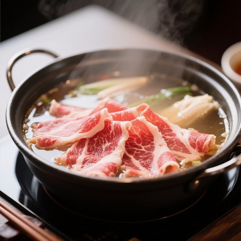Shabu Shabu Hot Pot With Thin Beef Slices Cooked Briefly In Boiling Broth