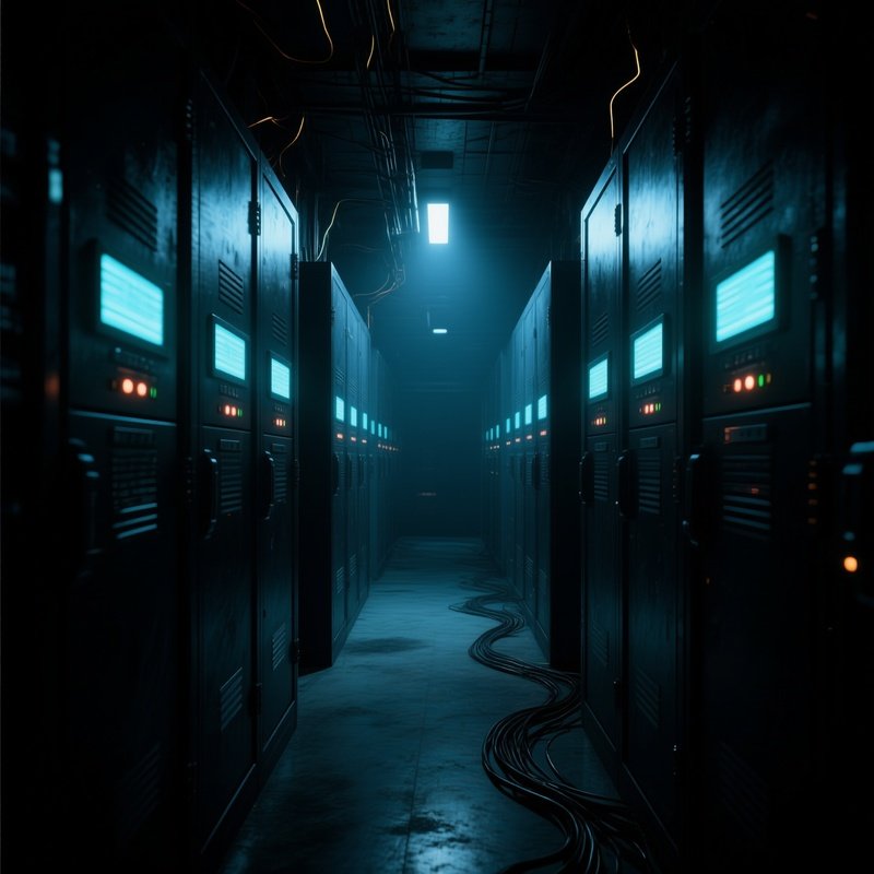 Shadowy Aisle Between Cabinets Evoking Mystery And Electronic Hum