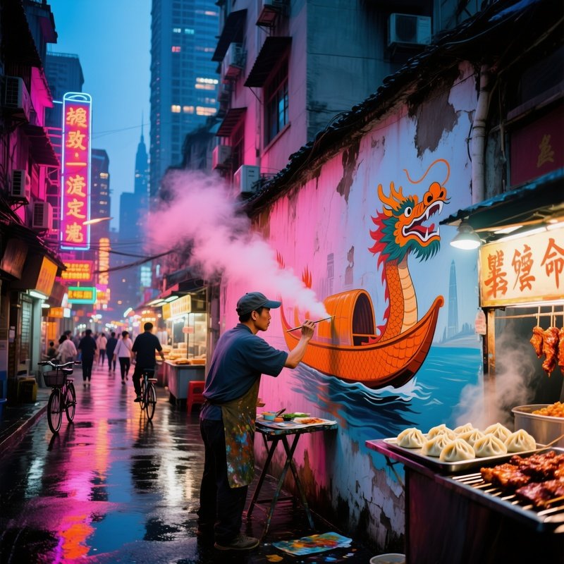 Shanghai Alley Dusk Dragon Boat Fresco