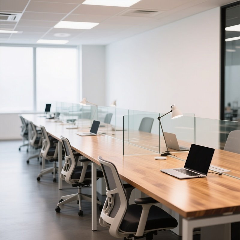 Shared Workspace Long Wooden Table Glass Dividers