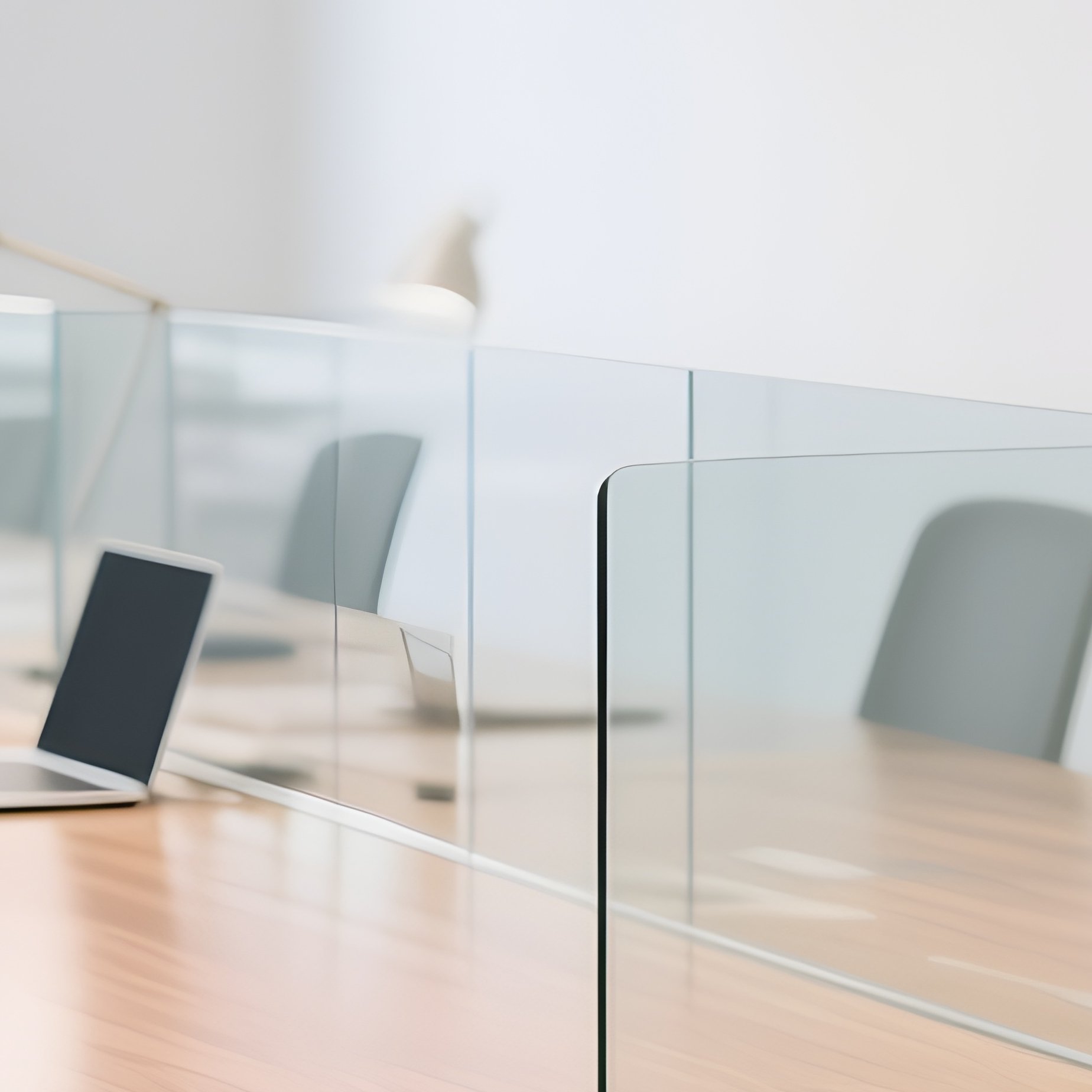 Shared Workspace Long Wooden Table Glass Dividers - Full Resolution Quality Preview