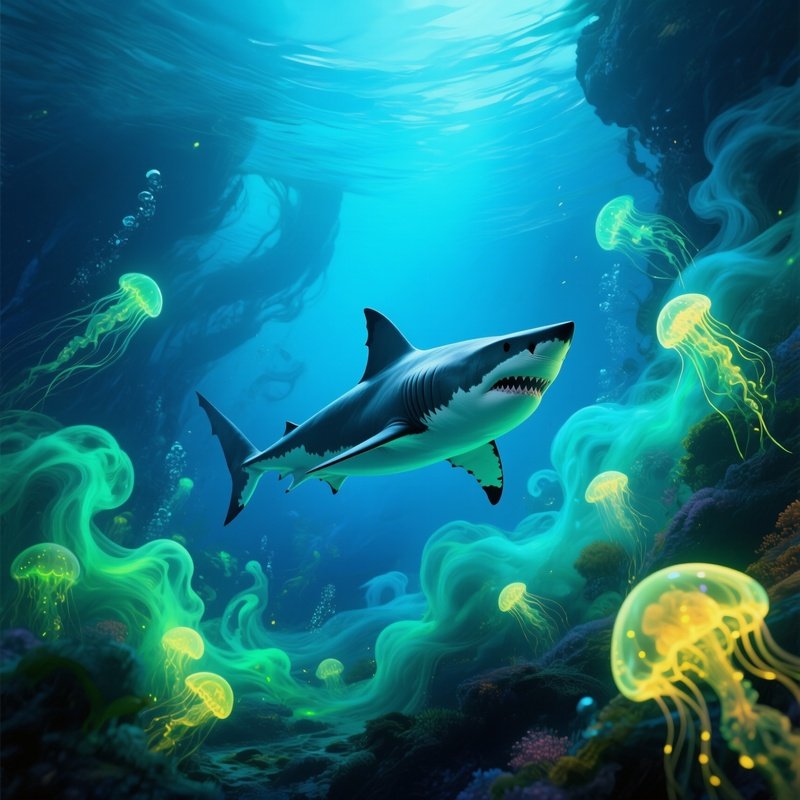 Shark Swimming Underwater Glowing Plankton Dust Fantasy