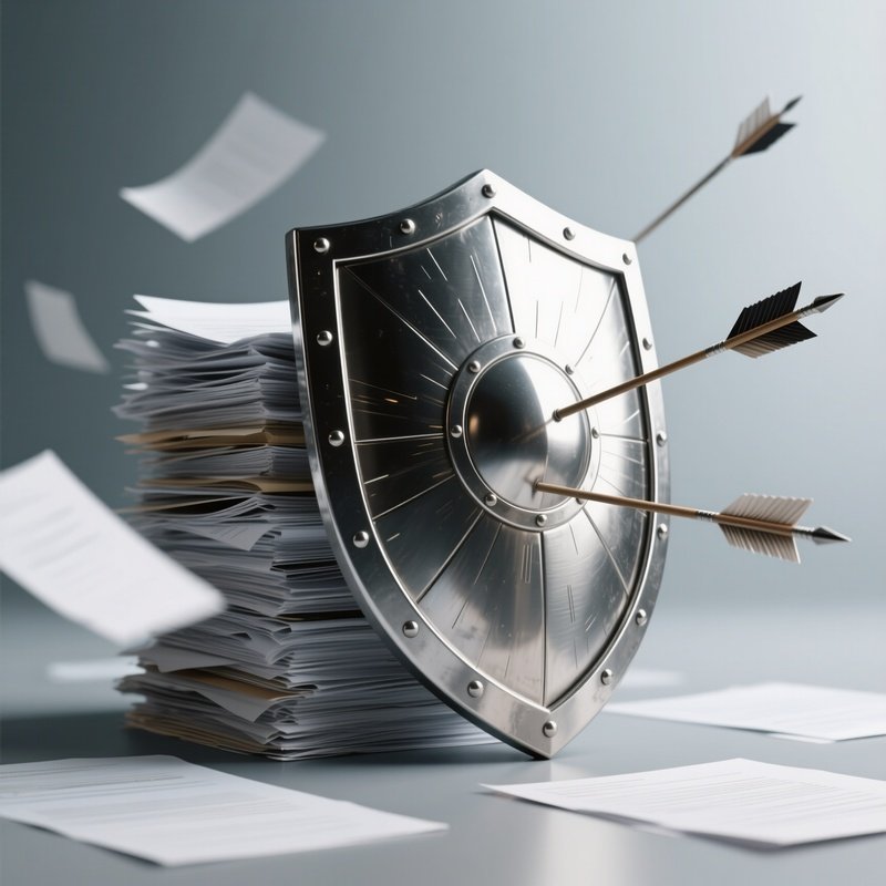 Shield: A Metallic Silver Shield Protecting A Stack Of Paper Documents From Flying Arrows, Symbolizing Data Protection And Insurance.