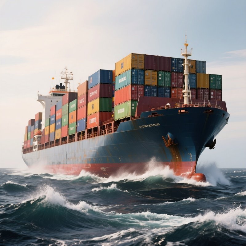 Shipping Container: A Massive Cargo Ship Stacked With Colorful Containers Navigating A Rough Ocean, Symbolizing International Trade.