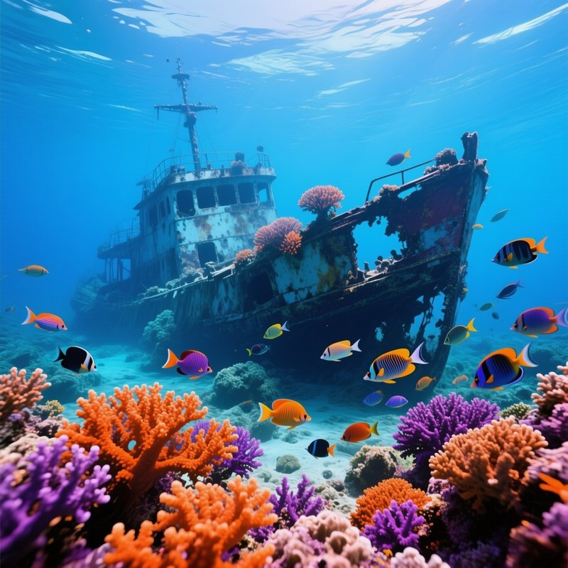 Shipwreck With Rainbow Corals And Tropical Fish