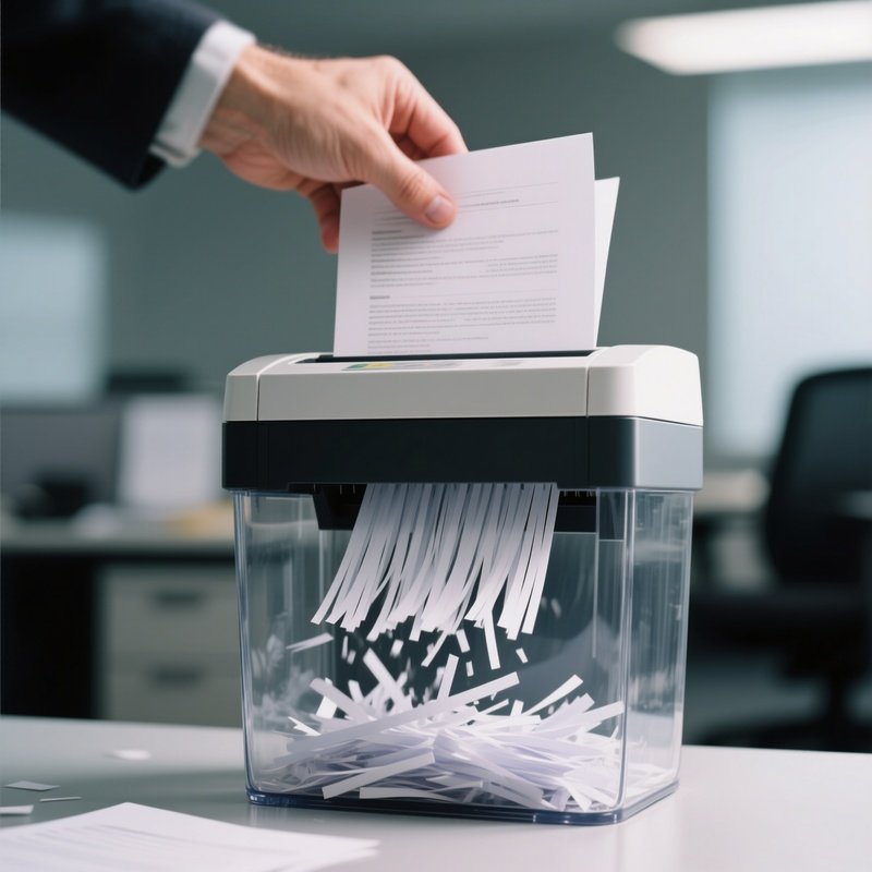 Shredding: A Scene Of A Blurred Hand Feeding Sensitive Documents Into A Loud Office Shredder, With Strips Of Paper Falling Into The Clear Bin Below.
