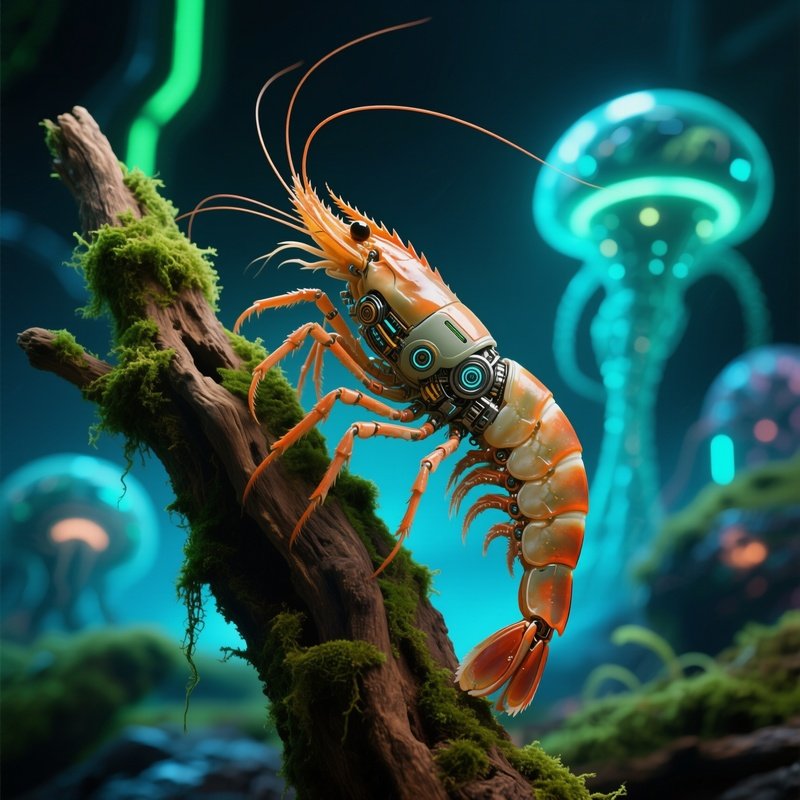 Shrimp_Climbing_Driftwood_With_Moss_Futuristic