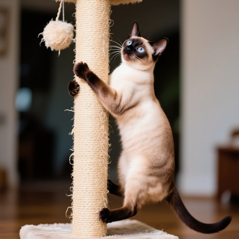 Siamese Cat Climbing Scratching Post Action