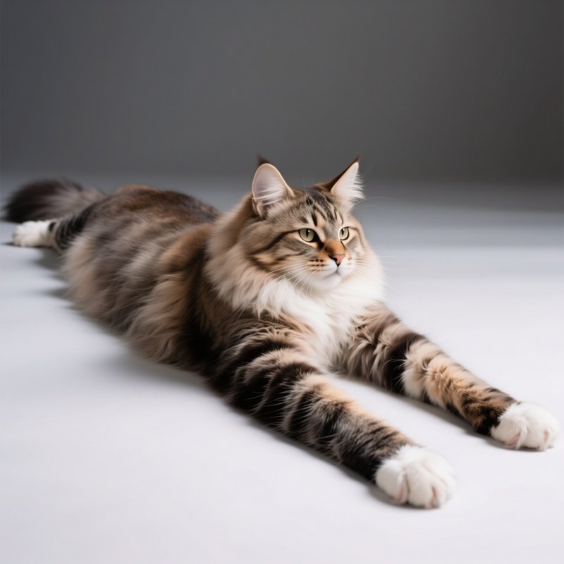Siberian Cat Full Body Stretch Front Legs Forward