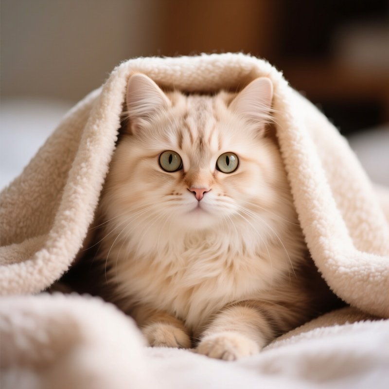 Siberian Cat Peeking Under Blanket