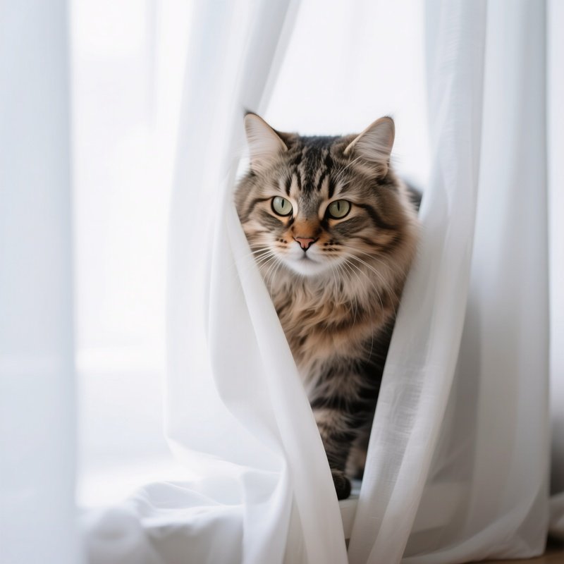 Siberian Cat Sneaking Between Curtains