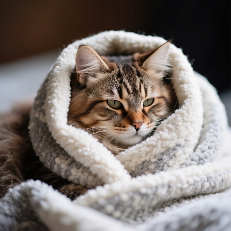 Siberian Cat Snuggled In Blanket
