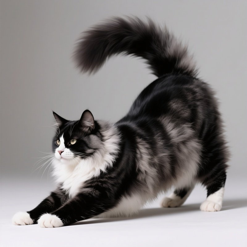 Siberian Cat Stretching With Arched Back