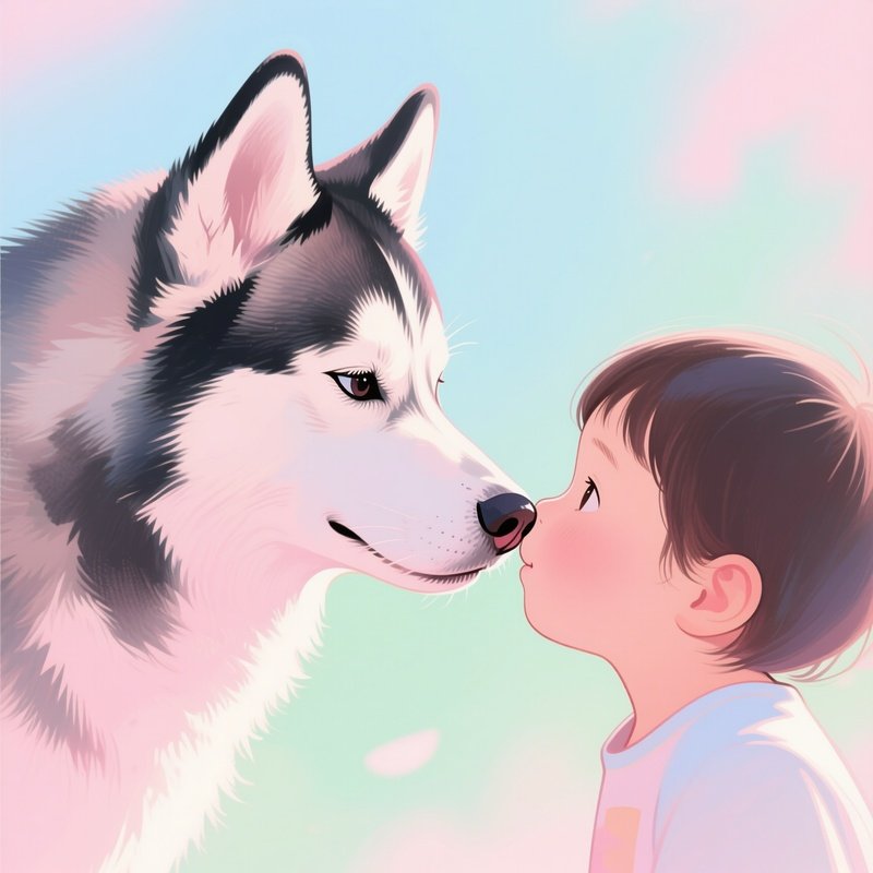 Siberian Husky Nose To Nose With Human Child Illustration