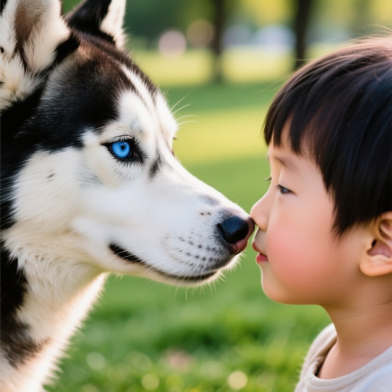 Siberian Husky Nose To Nose With Human Child
