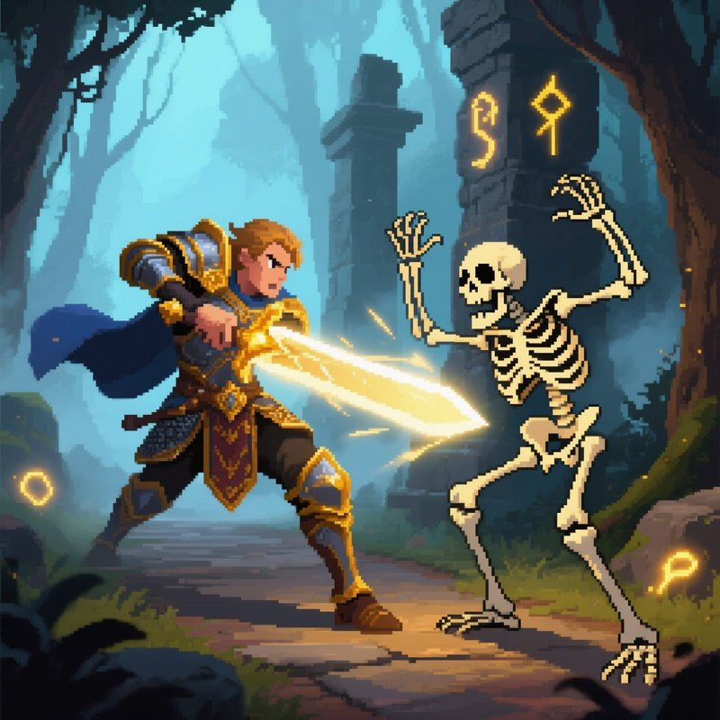 Side Scrolling Fantasy Hero Swinging Sword At Skeleton