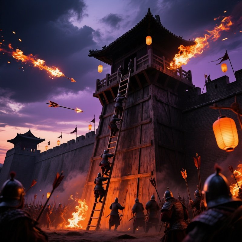 Siege Tower Approaching Chinese City Wall Twilight