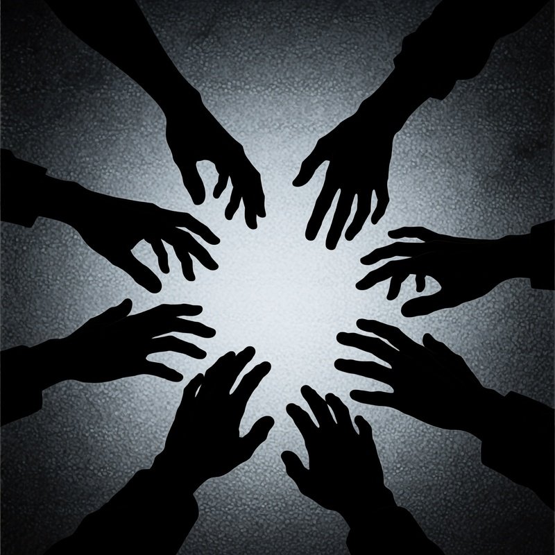 Silhouettes Of Hands Reaching Towards A Central Point Hands