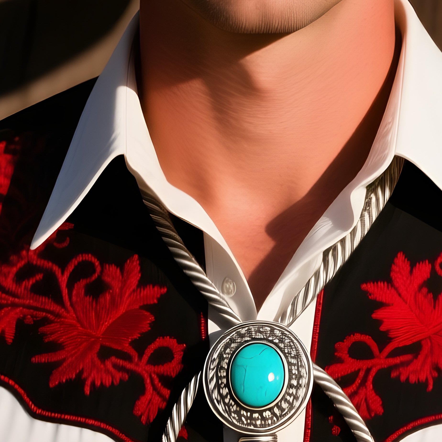 Silver Turquoise Bolo Tie With Western Shirt - Full Resolution Quality Preview