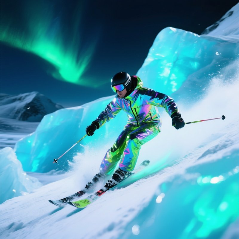 Ski Racer Blaze Aurora Speeding Down A Glowing Glacier