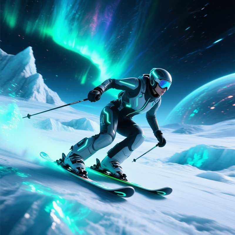 Ski Racer Blaze Aurora Speeding Down A Glowing Glacier Science Fiction