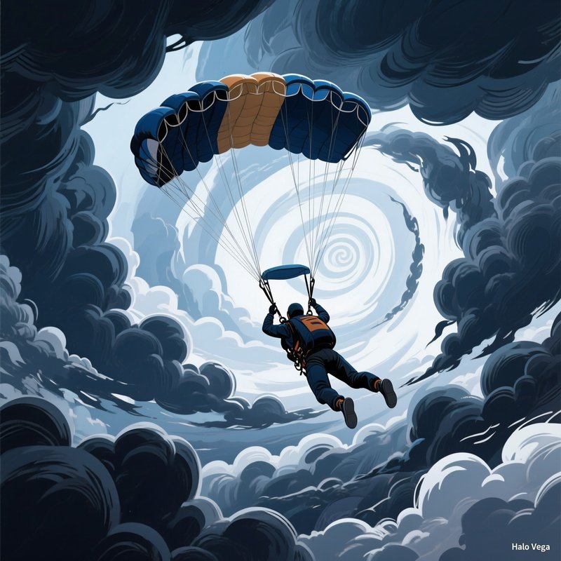 Skydiver Halovega Spiraling Through Storm Clouds Illustration