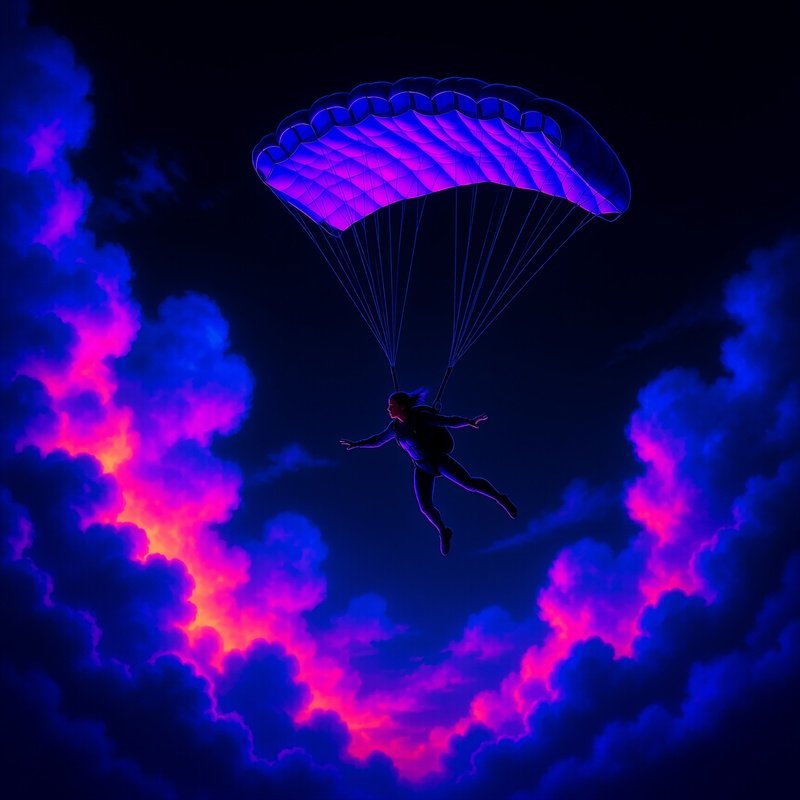 Skydiver Weaving Through Neon Clouds At Night