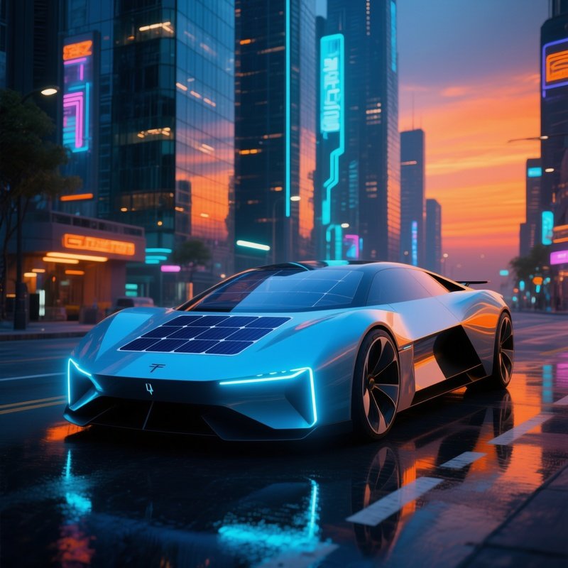 Sleek Angular Concept Car Transparent Solar Panels Glowing Blue Accent Parked Futuristic City