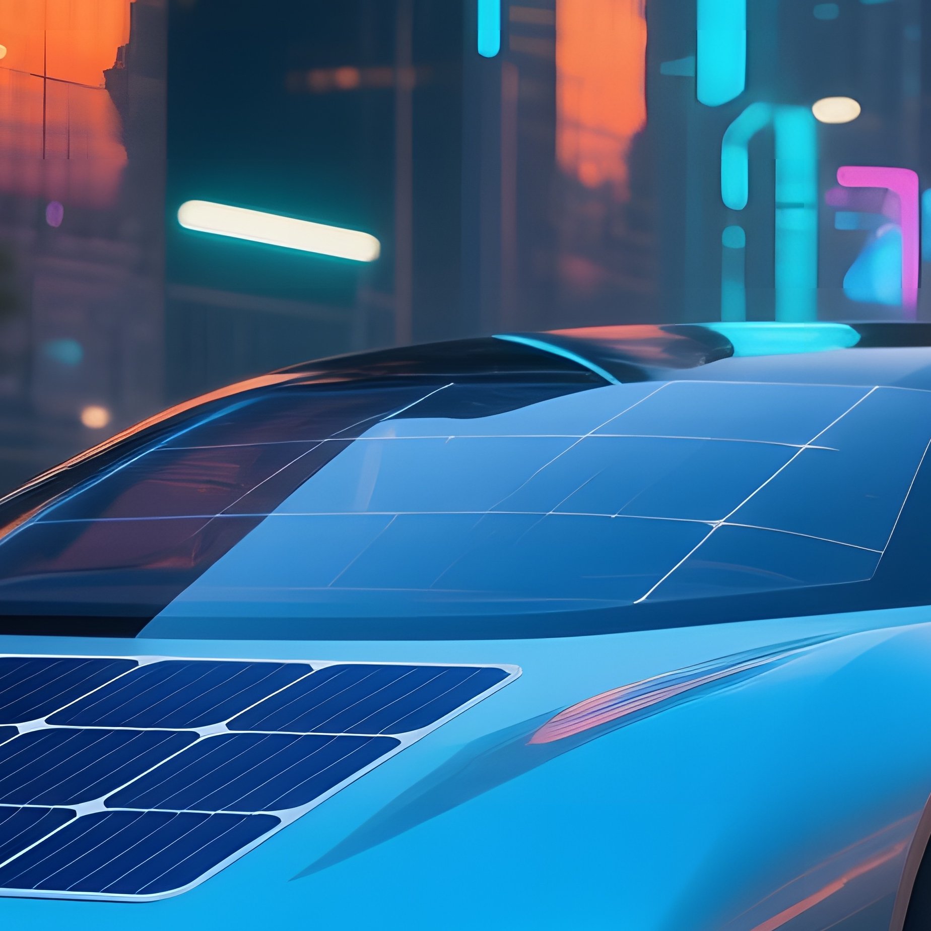 Sleek Angular Concept Car Transparent Solar Panels Glowing Blue Accent Parked Futuristic City - Full Resolution Quality Preview