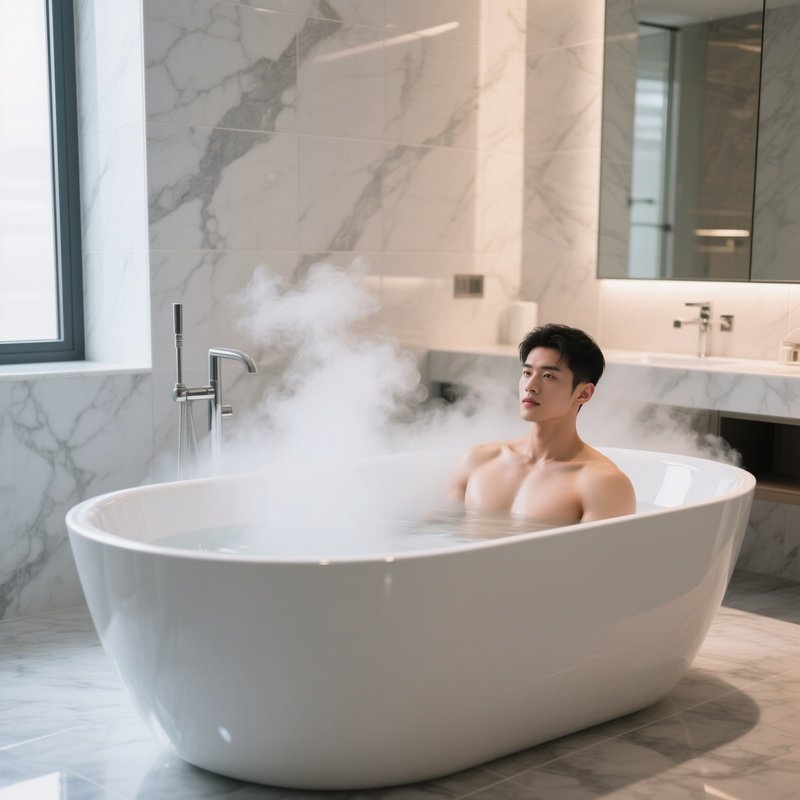 Sleek Modern Bathroom With Marble Tiles And Freestanding Tub