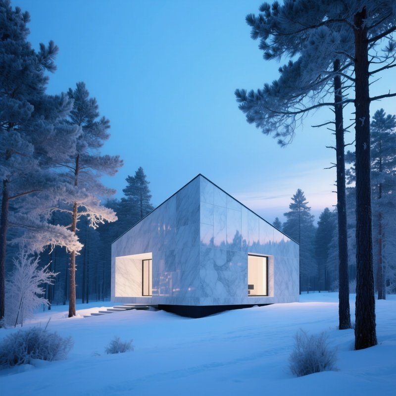 Sleek Modern Cabin Polished Irish Marble Winter Lake