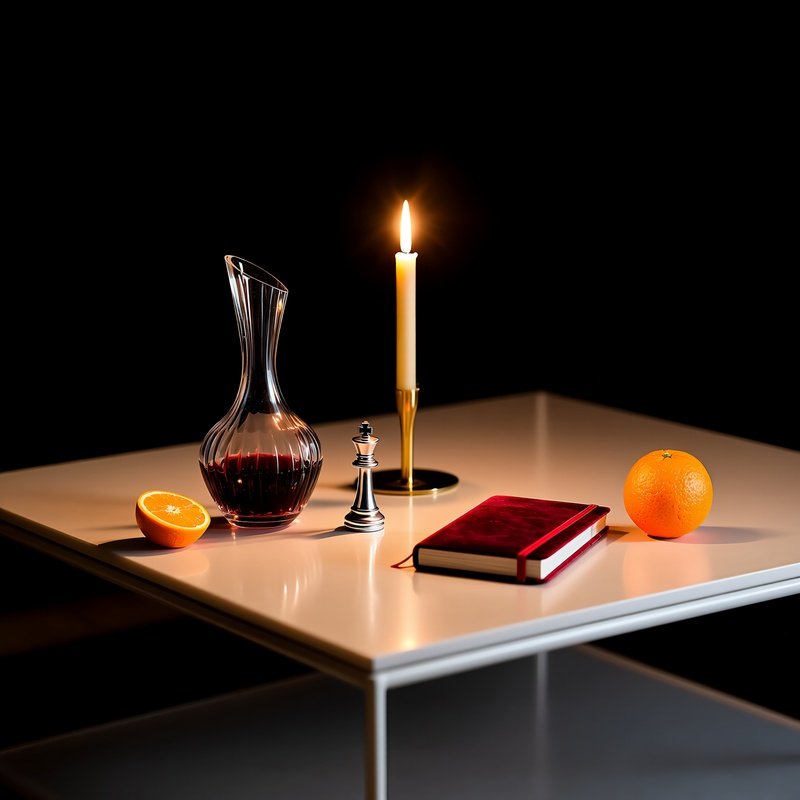 Sleek Modern Coffee Table Night Candle Wine Chess Orange Notebook