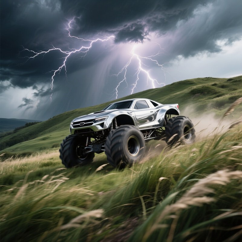 Sleek Silver Monster Truck On Hilltop Under Stormy Sky