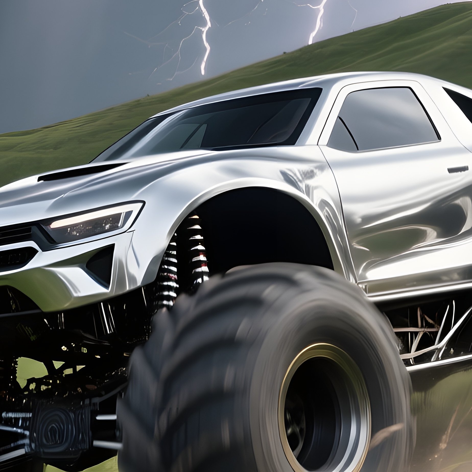 Sleek Silver Monster Truck On Hilltop Under Stormy Sky - Full Resolution Quality Preview