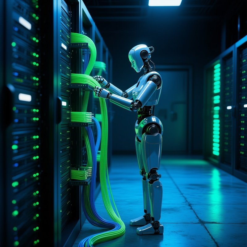 Sleek Silver Robot Organizing Fiber Optic Cables In Server Room