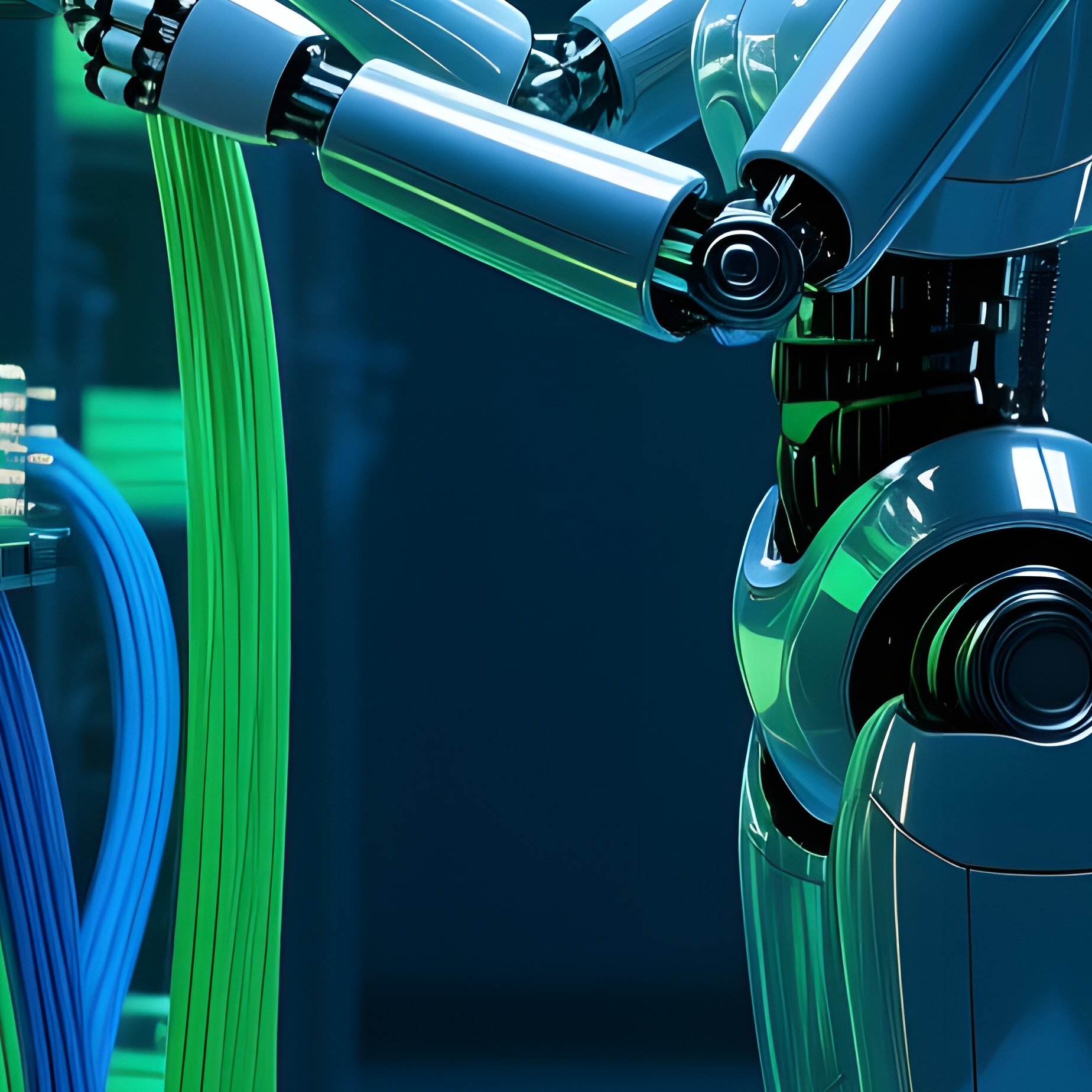 Sleek Silver Robot Organizing Fiber Optic Cables In Server Room - Full Resolution Quality Preview