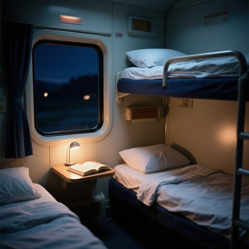 Sleeper Cabin: A Cozy, Compact Sleeper Train Compartment At Night. Bunk Beds Are Made Up, A Small Reading Light Is On, And A Book Rests On A Small Table.