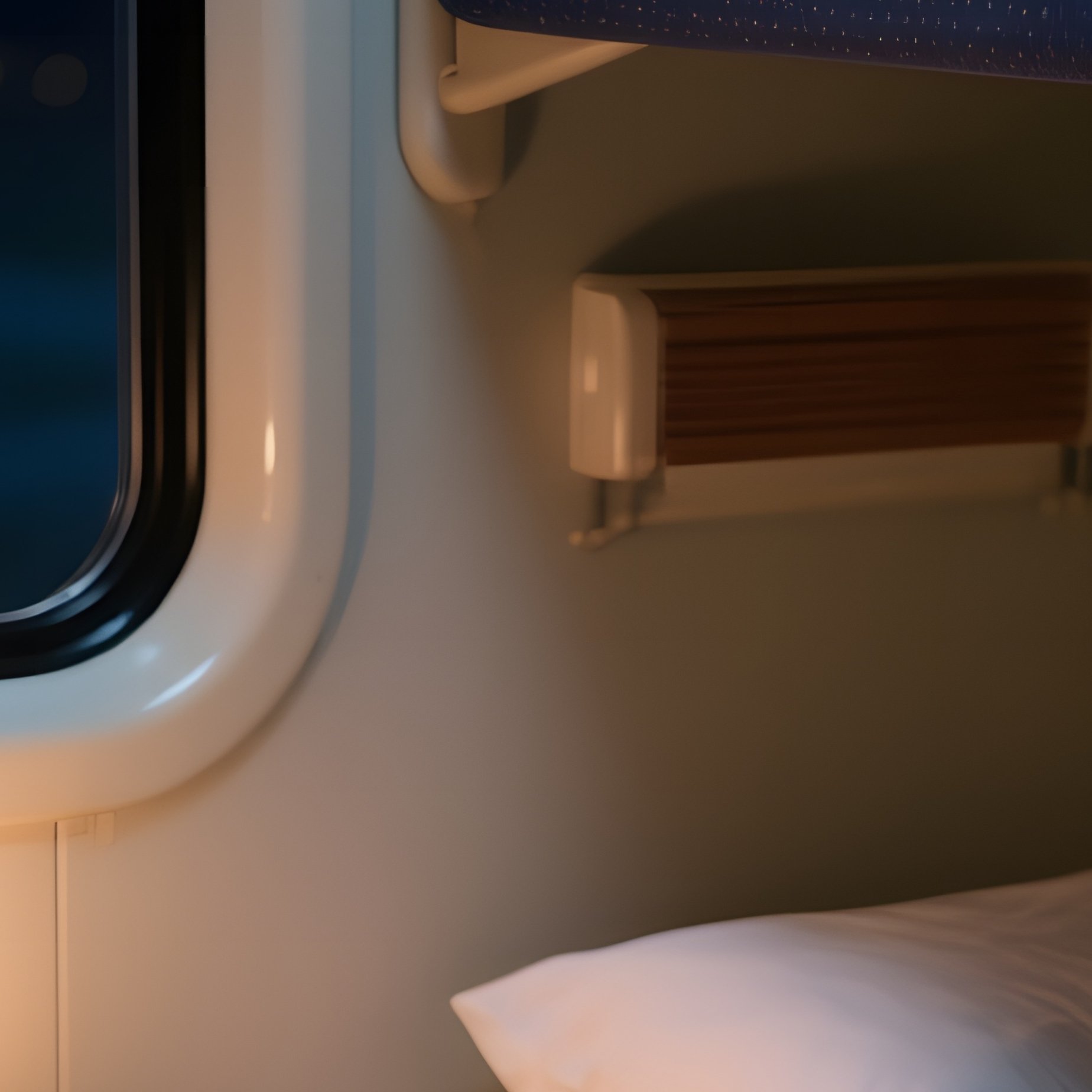 Sleeper Cabin: A Cozy, Compact Sleeper Train Compartment At Night. Bunk Beds Are Made Up, A Small Reading Light Is On, And A Book Rests On A Small Table. - Full Resolution Quality Preview