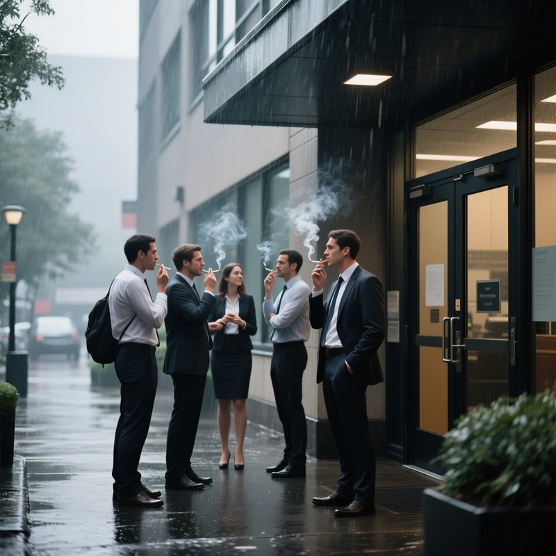 Smoking Break: A Small Group Of Employees Standing Outside The Back Door Of The Office Building In The Rain, Smoking And Chatting.