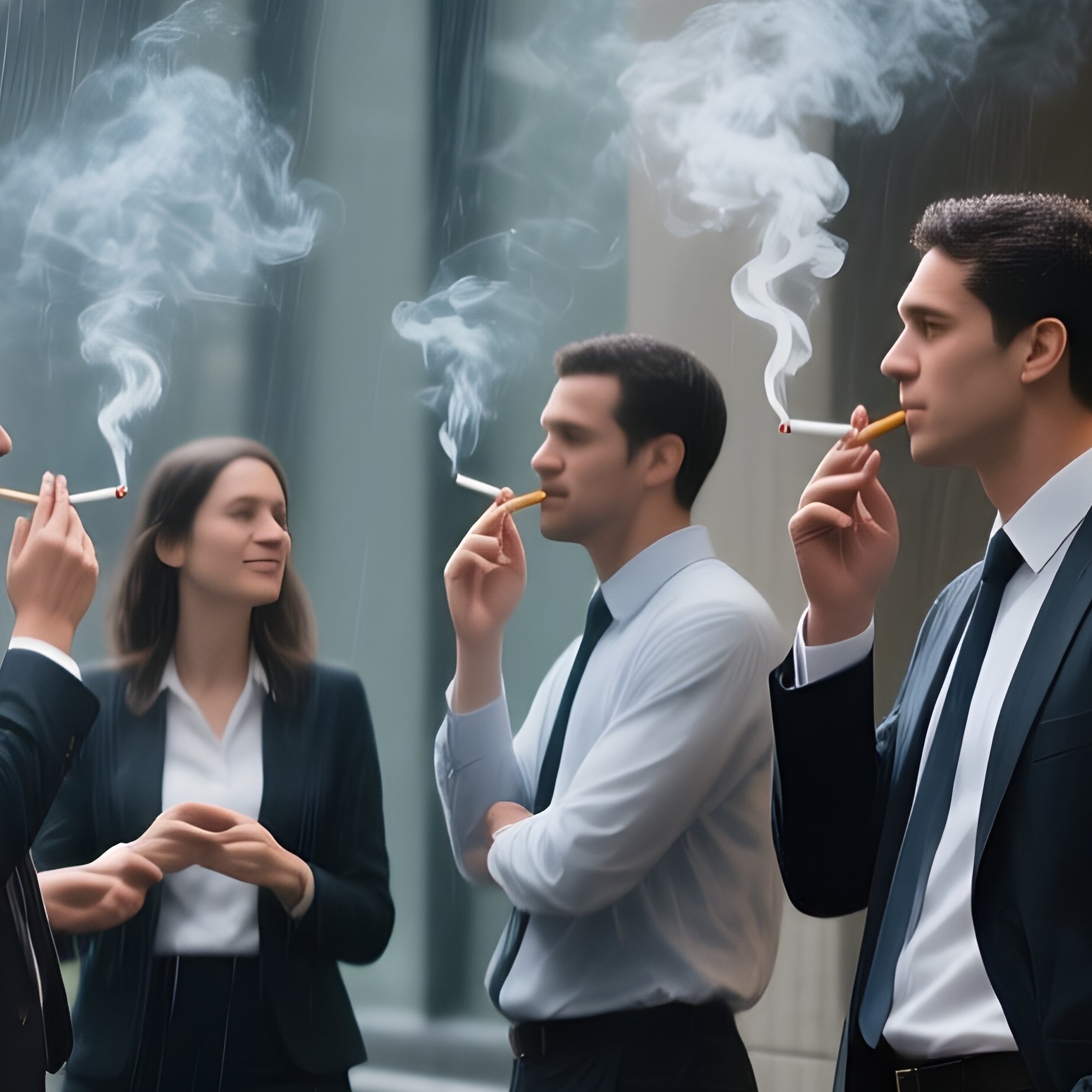 Smoking Break: A Small Group Of Employees Standing Outside The Back Door Of The Office Building In The Rain, Smoking And Chatting. - Full Resolution Quality Preview