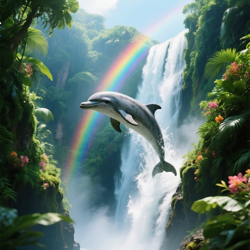 Smooth Stone Dolphin Leaping From Waterfall In Tropical Canyon