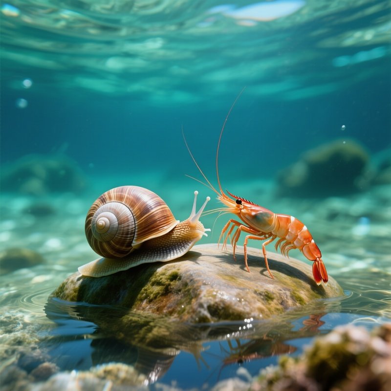 Snail And Shrimp Meeting On Rock