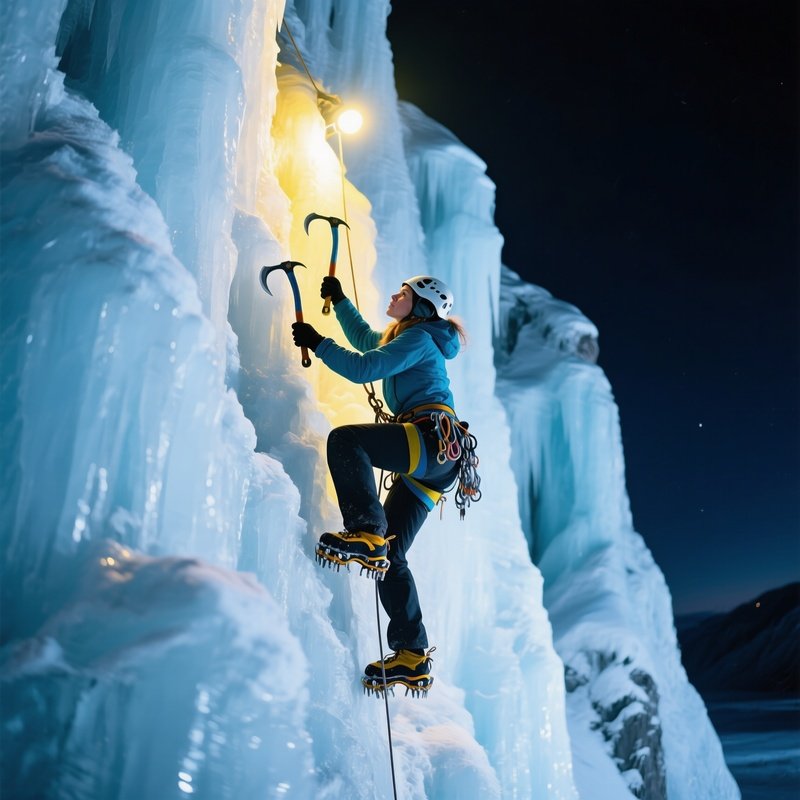 Snow Climber Polar Jett Scaling A Cliff Of Light Ice Climbing