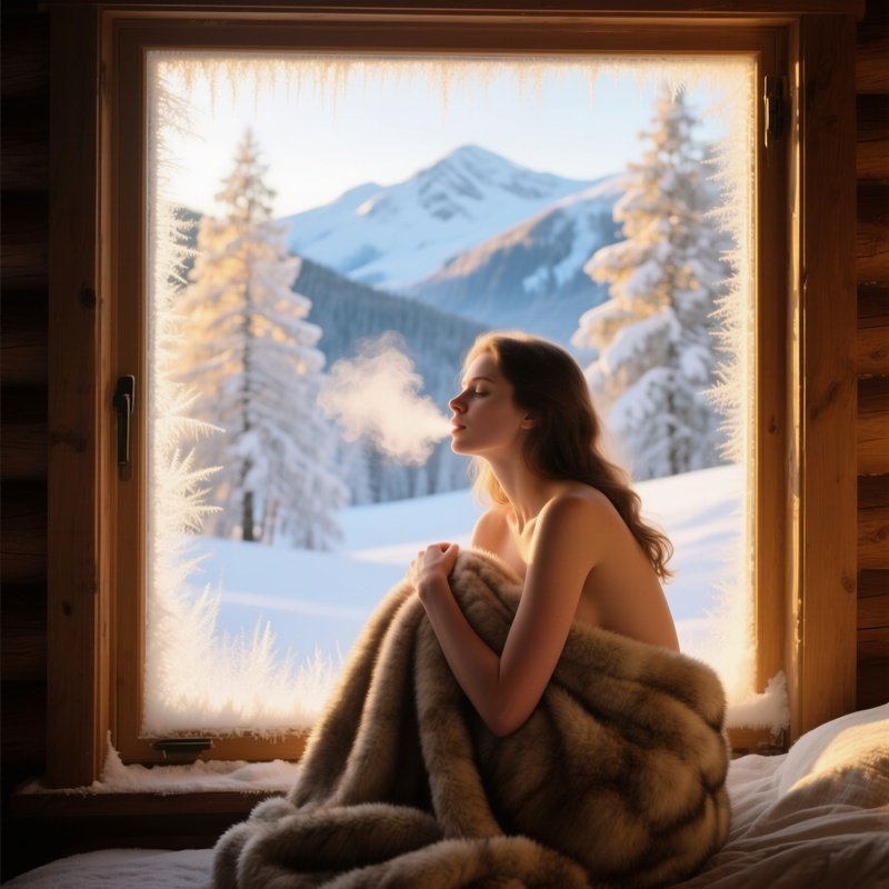 Snow Covered Alpine Cabin Window View Nude Woman Fur Blanket Breath Cold Air Soft Winter Light
