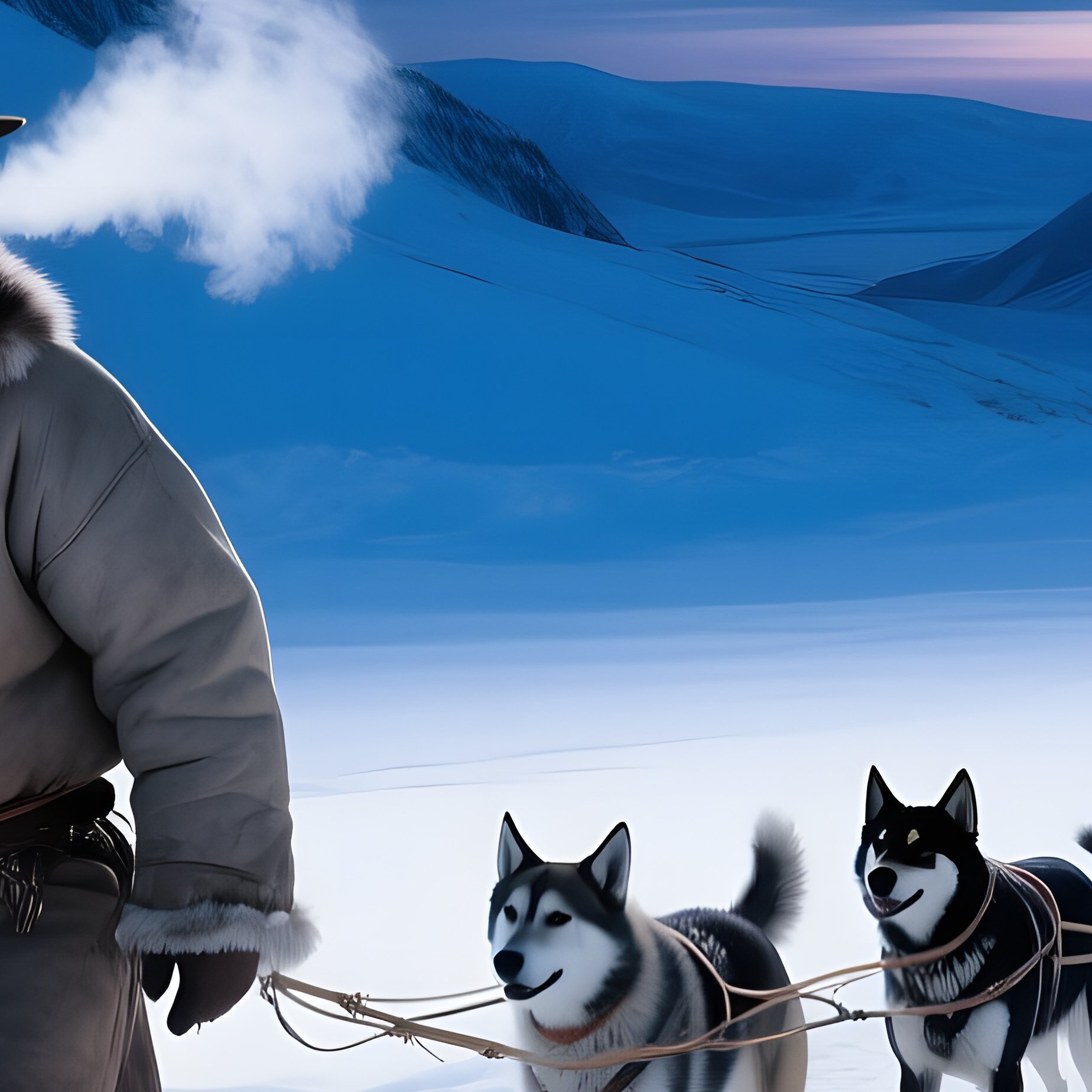 Snow Covered Mountain Pass Twilight Cowboy Inuit Sled Dogs - Full Resolution Quality Preview