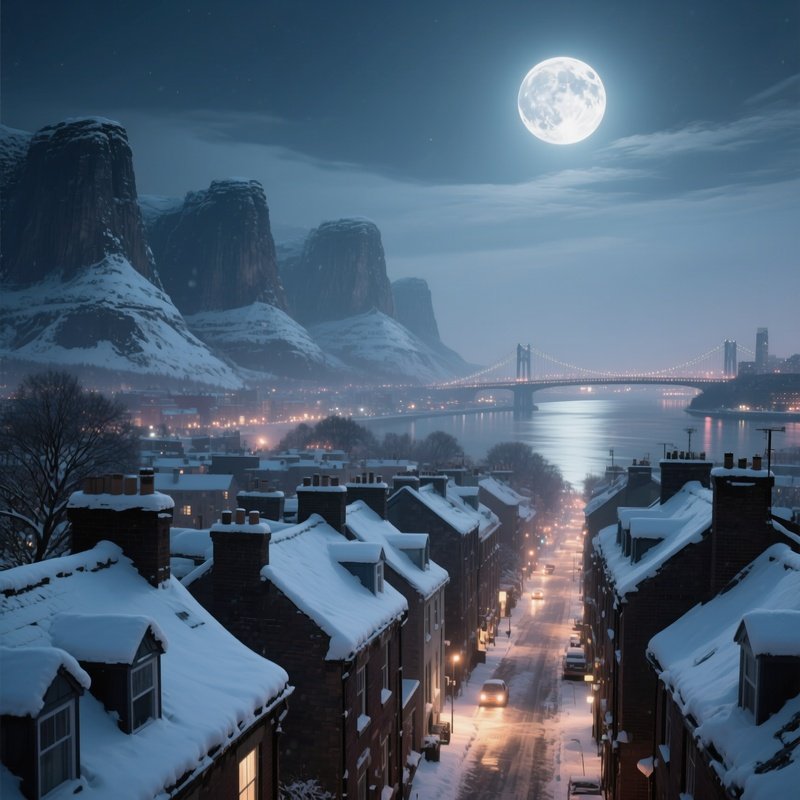 Snow Laden Rooftops Of The Seven Sisters Glistening Under A Full Moon, The Quiet City Below Lit By