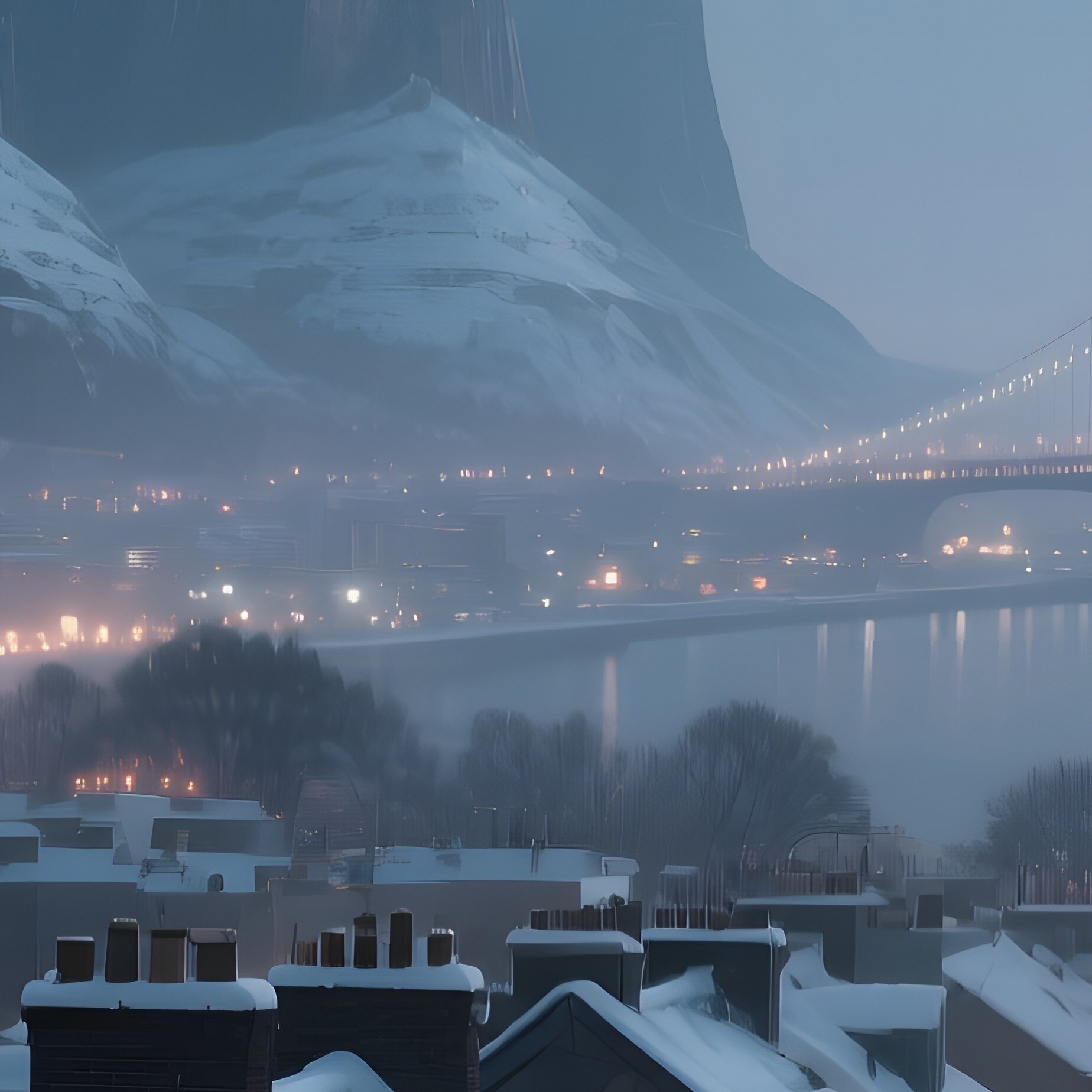 Snow Laden Rooftops Of The Seven Sisters Glistening Under A Full Moon, The Quiet City Below Lit By - Full Resolution Quality Preview