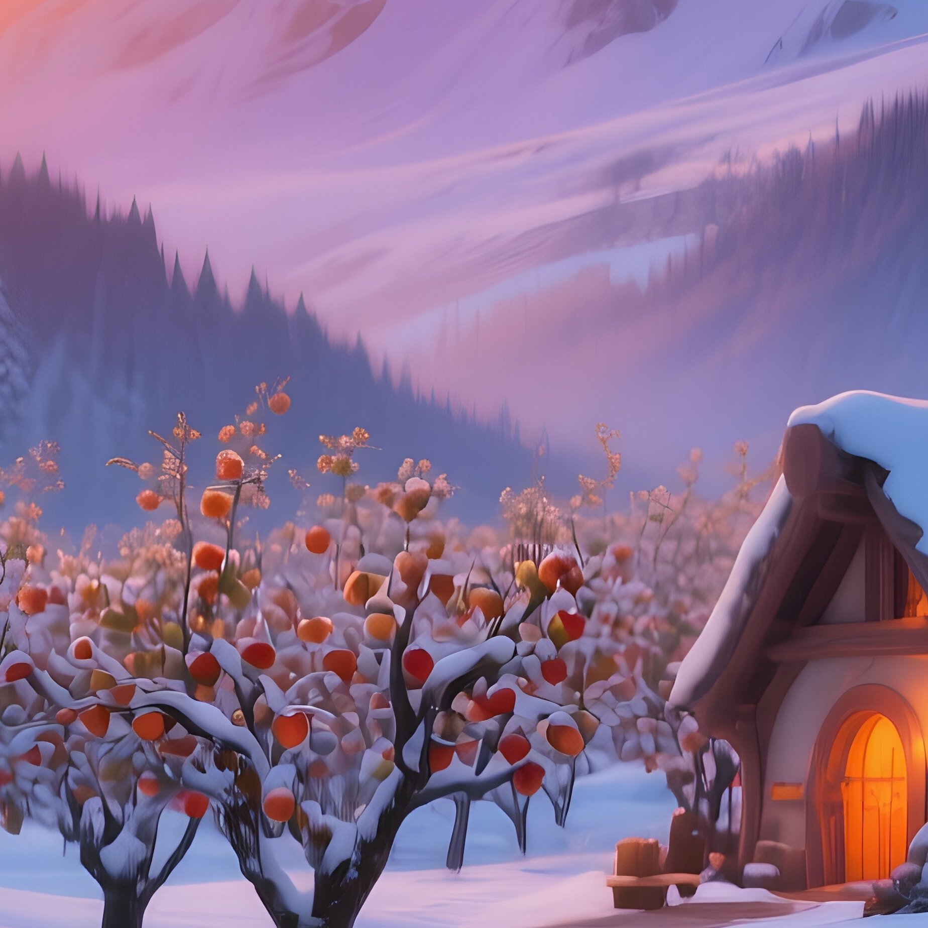 Snow White Apple Orchard Sunset Village - Full Resolution Quality Preview